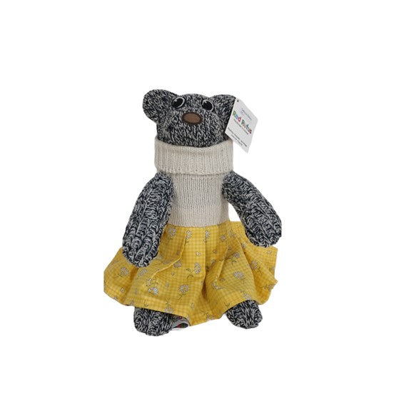sock-monkey-with-yellow-dress-by-red-rufusmade-from-a-woollen-walking-sock-wearing-a-cream-thick-jumper-with-a-heart-her-skirt-is-100-cotton-and-cut-in-a-full-circle-with-ribbon-edging-sits-29cm-tall-hand-embroidered-mouth